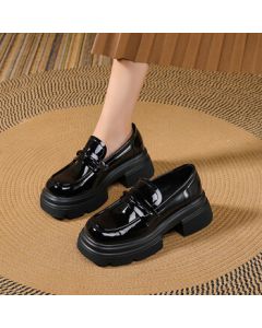 Daphne Platform Loafers for Women, Versatile British Style Slip-On JK Shoes, Women's Flats, Glossy Black, Size 37