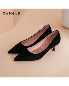 Daphne Qixi High Heel Women's Suede Slim Heel Slip-On Professional Pointed Toe Flats - Suede Black (5cm Heel) Size 37