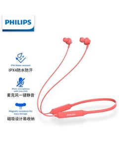PHILIPS N3235 Red Wireless Bluetooth Neckband In-Ear Waterproof Sports Headset with Call Noise Cancellation, Magnetic Control, Compatible with iOS and Android Phones