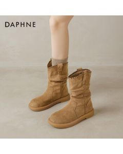 Daphne Retro Stacked Boots Women's Autumn Winter Fleece-Lined Ankle Boots Wasteland Style Flat Western Cowboy Martin Boots Khaki 37