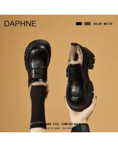 DAPHNE Women's Fur-Lined Loafers 2025 Winter New Retro Fluffy Shoes Thick-Soled Versatile Leather Shoes