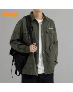 JEEP Men's Shirt Long Sleeve Workwear Jacket Loose Casual Clothing Men's Outfit Military Green XL