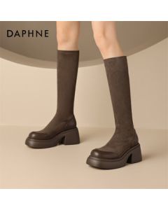 Daphne Women's Boots Thick Sole Chunky Heel Stretch Boots Slimming High Heel Knee-Length Shoes 4023605008 Brown 38