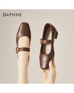 Daphne (DAPHNE) French Elegance Medium Heel Chunky Mary Jane Shoes Women's Flats Versatile Round-Toe Pumps - Brown, Size 36