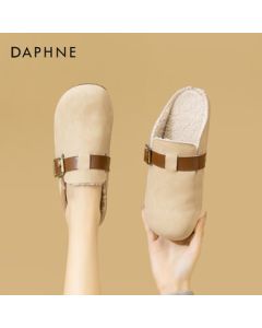 Daphne Flat Toe Slide Slippers for Women, Winter Fleece Lined Outdoor Slip-On Birkenstock Fuzzy Shoes, Beige, Size 35
