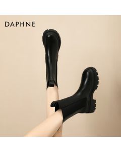 Daphne Women's Black Martin Boots with Fleece, New Chelsea Boots in British Style, Mid-Calf Boots, Black, Size 37