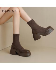 Daphne Women's Ankle Boots Retro Thick Sole Chunky Heel Stretch Bootie Slimming Boots Shoes 4023605007 Brown 37
