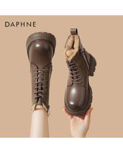 Daphne Women's Martin Boots Thick-Soled Height-Increasing Genuine Leather Ankle Boots with Fleece Lining for Warmth 4023608111 Fleece Brown Size 37