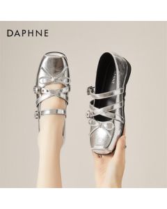 DAPHNE French Ballet Flats for Women - Soft Leather Mary Jane Shoes, Low-Cut Casual Loafers - Silver, Size 37