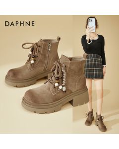 DAPHNE Women's Chunky Heel Martin Boots Winter Fleece-Lined Beaded Ankle Boots Retro Versatile High-Heel Work Boots - Beige, Size 35