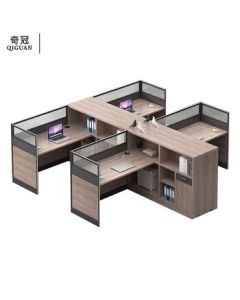 QIGUAN Office Partition Desk for Finance, Supervisor, or Laboratory - Dry-Shaped 4-Person Workstation (with Mobile Cabinet) 2800*3000*1100mm Elm Color