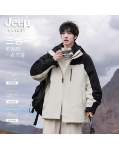 JEEP Men's All-Weather 3-in-1 Waterproof Hiking Jacket with Color Blocking - Ivory White 3XL