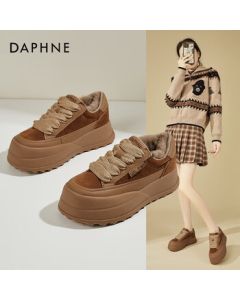 Daphne Platform Sneakers for Women - Winter Lined Casual Shoes with Thick Sole, Lightweight, Versatile, Height-Increasing Cotton Shoes - Brown - Size 36