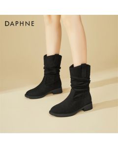DAPHNE Retro Fashion Design Chunky Heel Fleece Stacked Boots Women's Pull-On Ankle Boots Versatile Slimming Boots Black 39