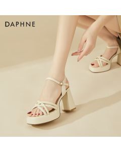 DAPHNE French Fashion Chunky Heel Sandals for Women - Summer Elegant Versatile Fairy Style Single Strap High Heels - Beige - Size 38