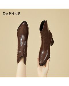 Daphne Chunky Heel Ankle Boots for Women, Winter Fleece-Lined Chelsea Boots, Versatile Fashion Leather Boots, Brown, Size 37