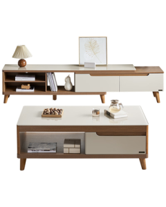 QuanU Home Modern Minimalist Wood Grain TV Stand Coffee Table Set with Storage Cabinet Extendable TV Console
