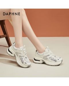 Daphne Platform Sneakers for Women - Breathable Mesh Dad Shoes, Lightweight Casual Soft-Soled Sports Shoes, Beige Silver, Size 36