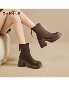 DAPHNE Women's Chunky Heel Fashion Boots with Fleece Lining, Stretchy Slim Boots, Versatile Ankle Boots, Fleece Khaki Size 37