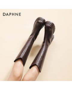 Daphne Platform Long Boots 2025 Autumn British Style High-Top Women's Boots Height-Enhancing Straight Tube Slim Boots Brown Size 35