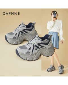 Daphne Platform Chunky Sneakers for Women, Fashionable and Versatile Low-Top Lace-Up Walking Shoes with Hidden Heel Elevation, Grey-Blue, Size 35