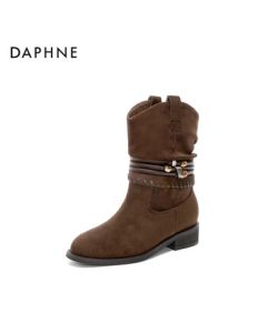 DAPHNE Women's Short Boots with Chunky Heel, Comfortable Casual Stacked Boots, Brown, Size 39