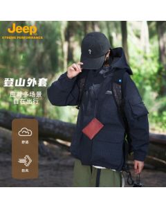 JEEP Men's Jacket - American Retro Checkered Windproof Waterproof Multi-Pocket Casual Coat, Black, L