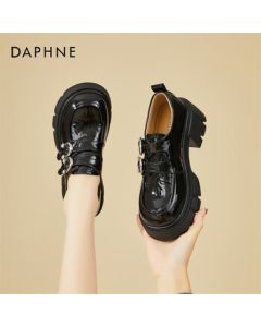 DAPHNE Women's British-Style Chunky Sole Double-Buckle Loafers with Fleece Lining - Black, Size 38