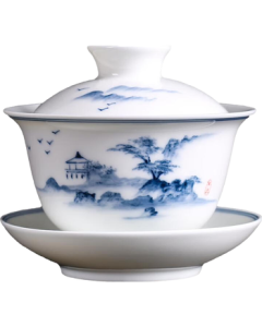 MULTIPOTENT Kung Fu Tea Set Blue and White Landscape Hand-Painted Thin-Porcelain Gaiwan, Mid-Autumn Festival Gift