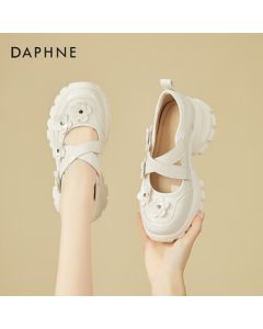 DAPHNE Fashion Platform Mary Jane Shoes for Women, Round-Toe Shallow Cutout Flats, French Style Versatile Height-Increasing Ladies Shoes - Beige, Size 35