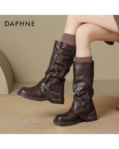 Daphne Platform Chunky Heel Folded Thigh-High Boots Women's New Autumn Sweet & Cool Stacked Leggings Boots Knight Boots Brown 40