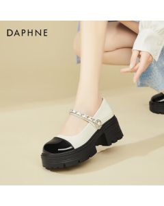 DAPHNE French Fashion Chunky Heel Mary Jane Shoes for Women - Versatile Height-Increasing Round-Toe D'Orsay Rhinestone Dress Shoes - Beige - Size 40