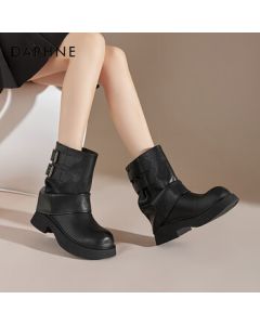 Daphne Fleece-Lined Bootcut Boots for Women, Fashionable Thick-Sole Stacked Boots, Short Boots, Mallard Warmth Western Cowboy Boots, Black, Size 38