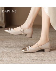 Daphne Women's Flats French Elegance Square-Toe Mary Jane Shoes Two-Tone Chunky Heel Shoes 4024404206 Beige 35