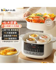 Bear Electric Steamer 99.9% Antibacterial Steaming Basket, 5 Inner Pots, Quick Hot Water Stewing, 4.1L Home Use Multi-Function Stewing, Steaming, and Cooking Pot for Double Boiling Bird's Nest and Soup, Model DDZ-J25H5