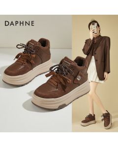 Daphne Platform Sneakers for Women - High-Top Fleece-Lined Casual Shoes with Thick Sole, Fashionable and Versatile, Coffee Color, Size 40
