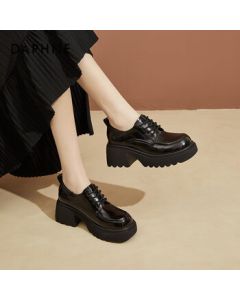 Daphne Chunky Heel Platform Leather Shoes for Women, Fashion Versatile High Heels, Lightweight and Comfortable Flats, Black, Size 36