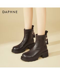 DAPHNE British Style Chunky Sole Versatile Fashion Ankle Boots for Women, Height-Increasing Rear Zipper Lined Fashion Boots, Leather Boots, Brown, Size 36