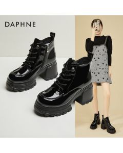 Daphne Women's French Block Heel Martin Boots Winter British Style Versatile Ankle Boots High Heel Fur-Lined Leather Boots Black 38