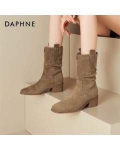 Daphne Women's Boots Autumn Winter Suede Chunky Heel Ankle Boots Retro Stacked Boots 4025605060 Khaki 37