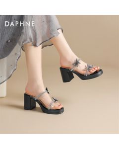 Daphne Women's Sandals Summer New French Style Rhinestone Bow Chunky Heel Sandals 4025303126 Black 38