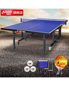 Double Happiness Professional Roller Foldable Ping Pong Table Standard Competition Table TK2019 with Paddles, Net, and Balls