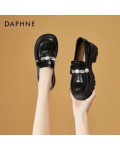 Daphne White Platform Loafers Women's Slip-On British Style Leather Shoes - Black 39