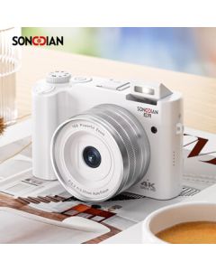 SONGDIAN Digital Camera with Dual Front and Rear Cameras, 64MP HD Mirrorless Vlog Camera, Portable Entry-Level Camera for Students (Official Standard Package, White, 128GB Memory)