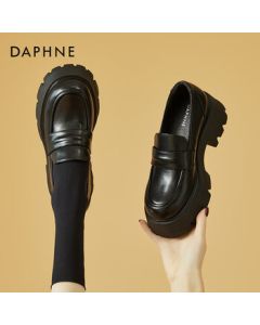 DAPHNE Platform Loafers for Women - Comfortable Versatile Fashionable Black Leather Shoes for Commuting - Black Size 39