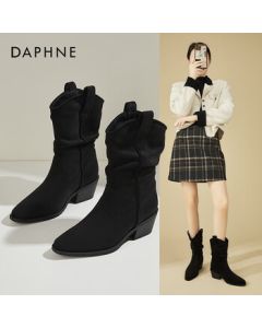DAPHNE Pointed Toe Chunky Heel Retro Stacked Boots for Women, Autumn/Winter Fashion Versatile Western Cowgirl Ankle Boots, Black, Size 38
