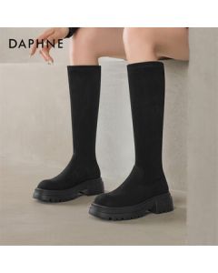 Daphne Women's Thick-Sole Stretch Slim Tall Boots Chunky High Heel Suede Long Boots 4024605030 Black 37