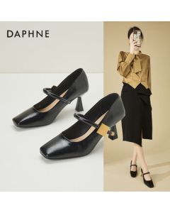 Daphne Square-Toe Mary Jane Pumps for Women, Versatile Black High Heels with Thin Heel, Single Shoe, Black, Size 36