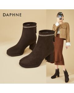 Daphne Chunky Heel Suede Stretch Slim Boots for Women, Winter Fleece-Lined Warm Retro Versatile Ankle Boots, Brown, Size 39