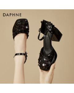 Daphne Chunky Heel Closed-Toe Sandals for Women, Summer Versatile Strap Glitter High Heels, Black, Size 38